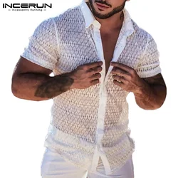 INCERUN-camisa de malla con solapa de encaje para hombre, ropa de calle de manga corta, Tops informales transparentes, Camisas sexys para fiesta y club nocturno, 5XL, 2023