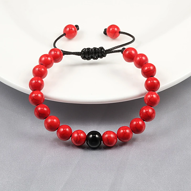 Red Natural Stone Bracelet Braided Black Rope Bangles Cross Helmet 8MM Beads Bracelets For Women Men Handmade Yoga Jewelry Gifts