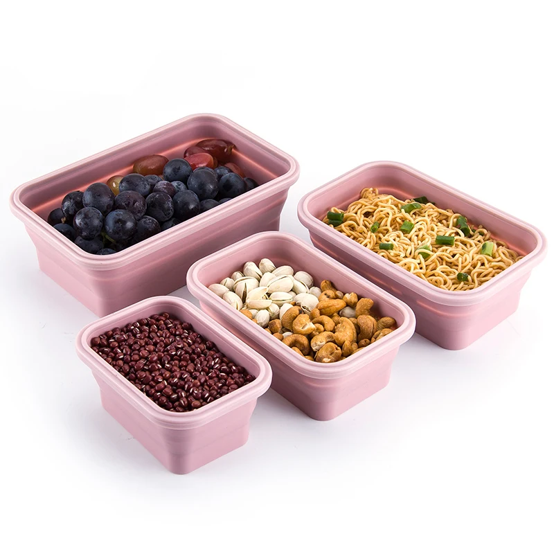 4Sizes Silicone Collapsible Lunch Box Food Storage Container Colorful Microwavable Portable Picnic Camping Rectangle Outdoor Box