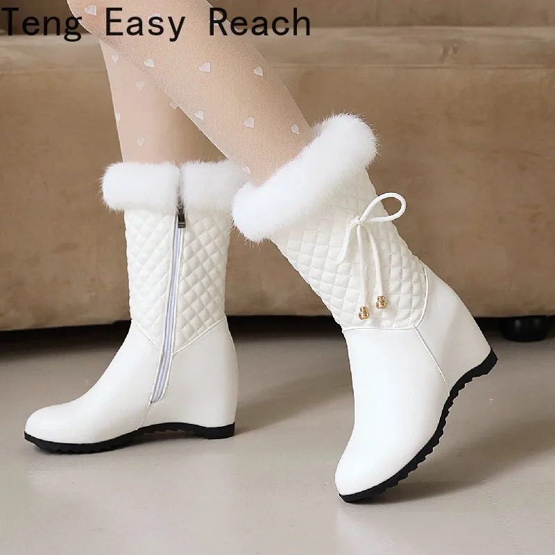 Winter white Real hair Women's Snow Boots Fashion Warm Plush Boots  Ladies Round Toe zip Slope heel snow boots size 33-43