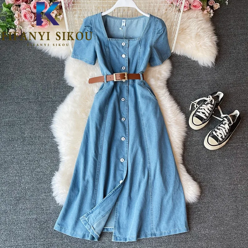 

Blue Denim Dress Women Summer Fashion Single Breasted Square Collar Short Sleeve Long Dress Female Casual High waist Jeans Dress