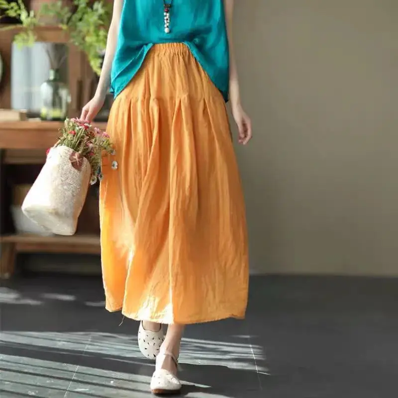 2023 Retro Double-Layer Loose Cotton Linen Skirt Ladies Fashion Big Skirt Spring Summer Solid Color Long Casual Skirts Female