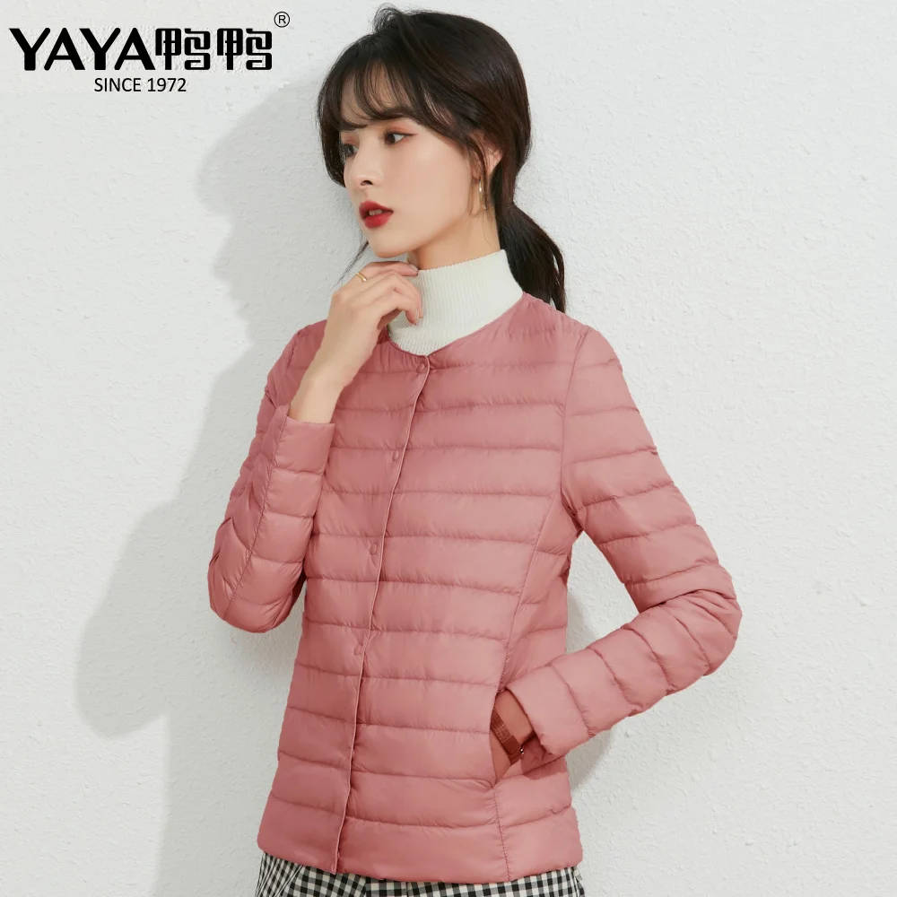 YAYA 2023 Spring New High Quality Women\'s Duck Down Jacket Lightweight Thin Short O and V Collar Warm Solid Color Outerwear