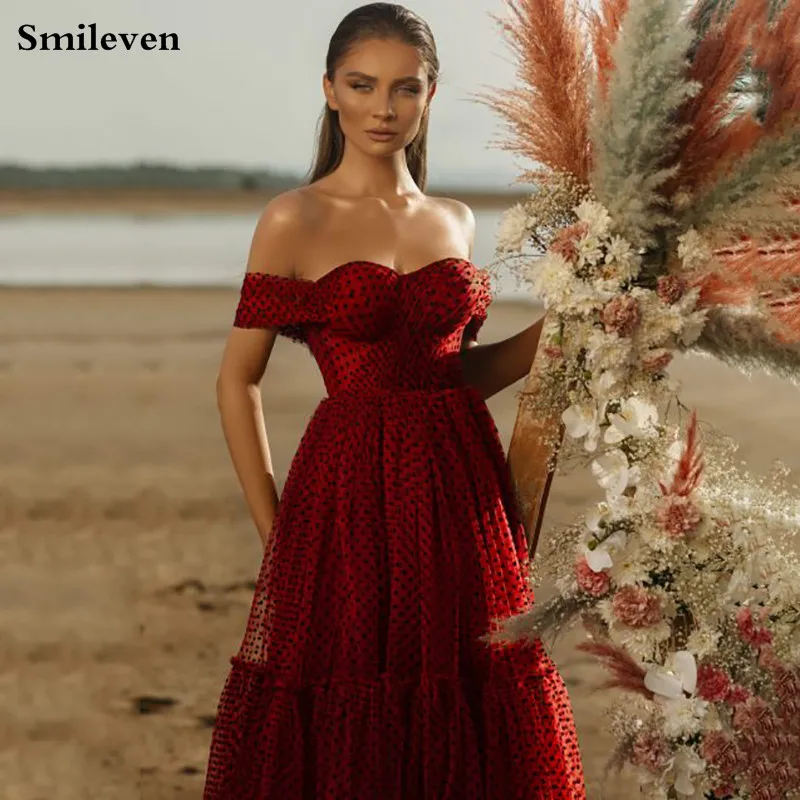 Smileven – robe de soirée en Tulle, à pois rouges, épaules dénudées, pour remise de diplôme, 2021