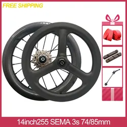 Carbon Wheels 14inch 254 Full Bike Wheelset Trispoke Rear 3speed C V Brake 74/85mm Folding Bicylcle For Dahon Fnhon Mini