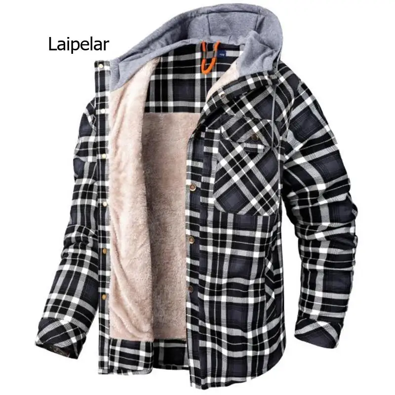 

Men's Casual Hooded Shirt Long Sleeve Cotton Thick Warm Velvet Winter Shirt