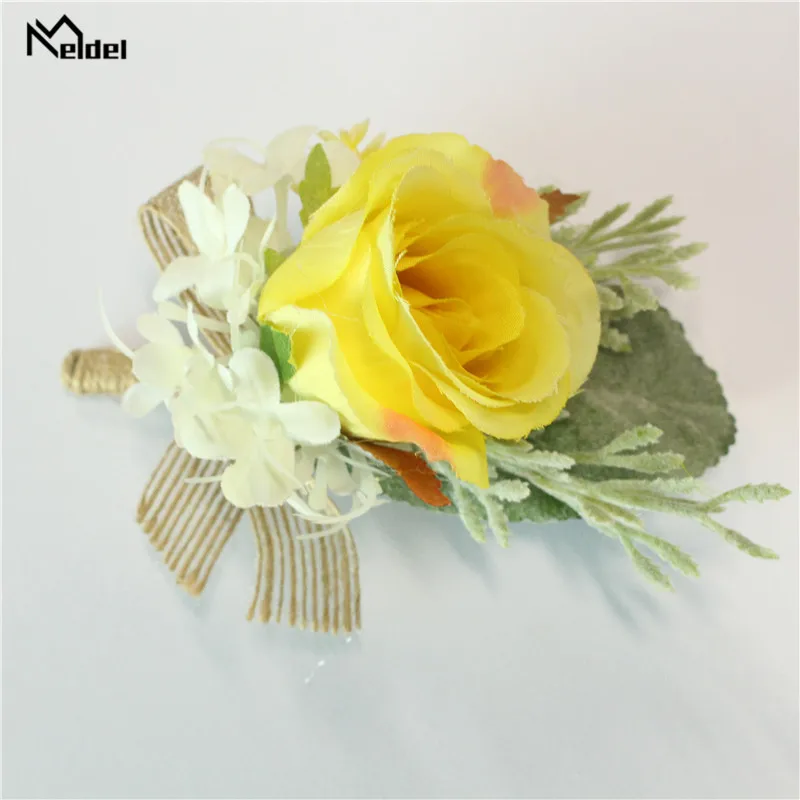 Meldel Boutonniere 신랑 Corsage 신부 손목 Corsage 팔찌 노란색 인공 실크 은방울꽃, 웨딩 용품