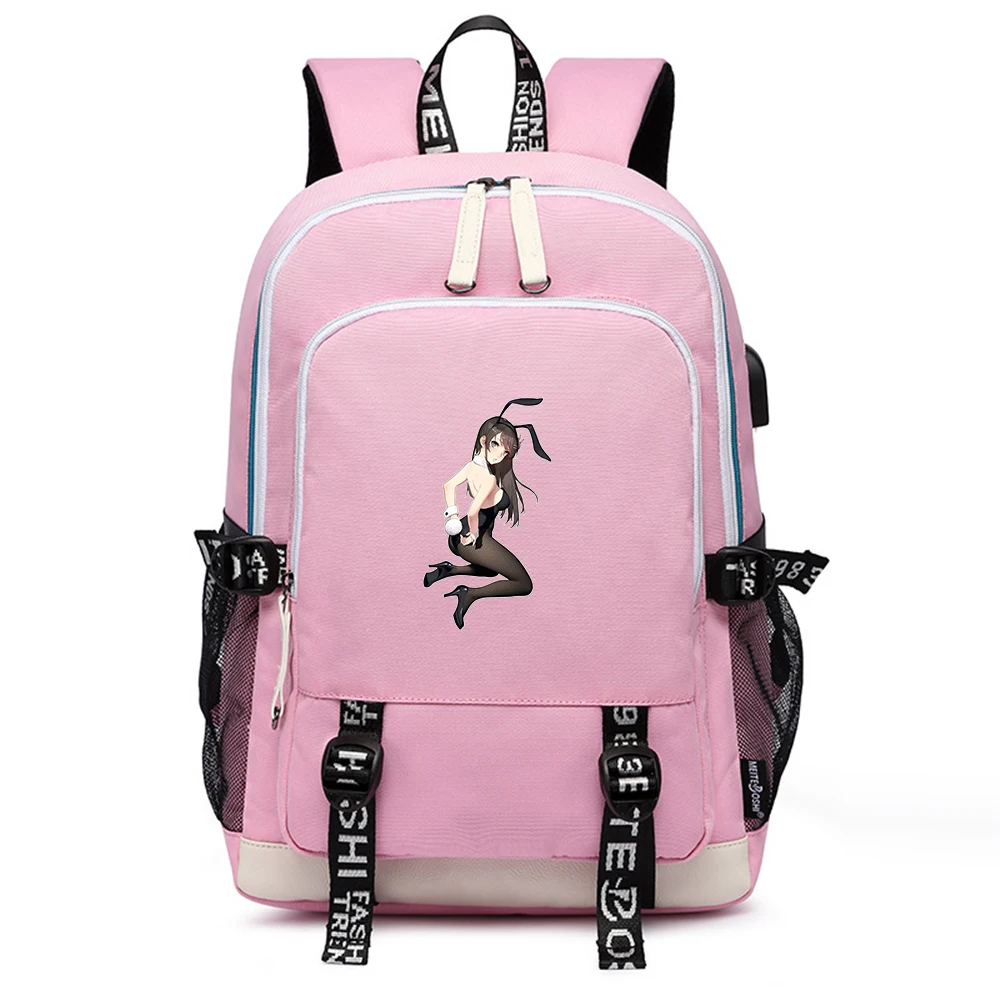 Rascal Does Not Dream of Bunny Girl Senpai Pink Women Cute Backpacks Oxford School Bags Large Bookbag USB Port Laptop Bagpack