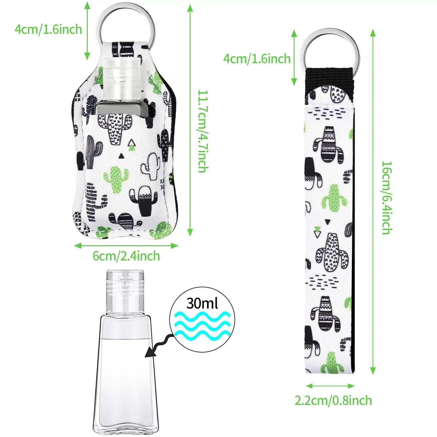 15pc=5set 30ml Refillable Empty Travel Plastic Shampoo Bottle with Keychain Holder with Wristlet Keychains Chapstick Key Holders