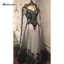 Lakshmigown Gothic Wedding Dress Lace Appliques vestido de noiva Black A Line Wedding Dresses V Neck Sleeveless Wedding Gowns