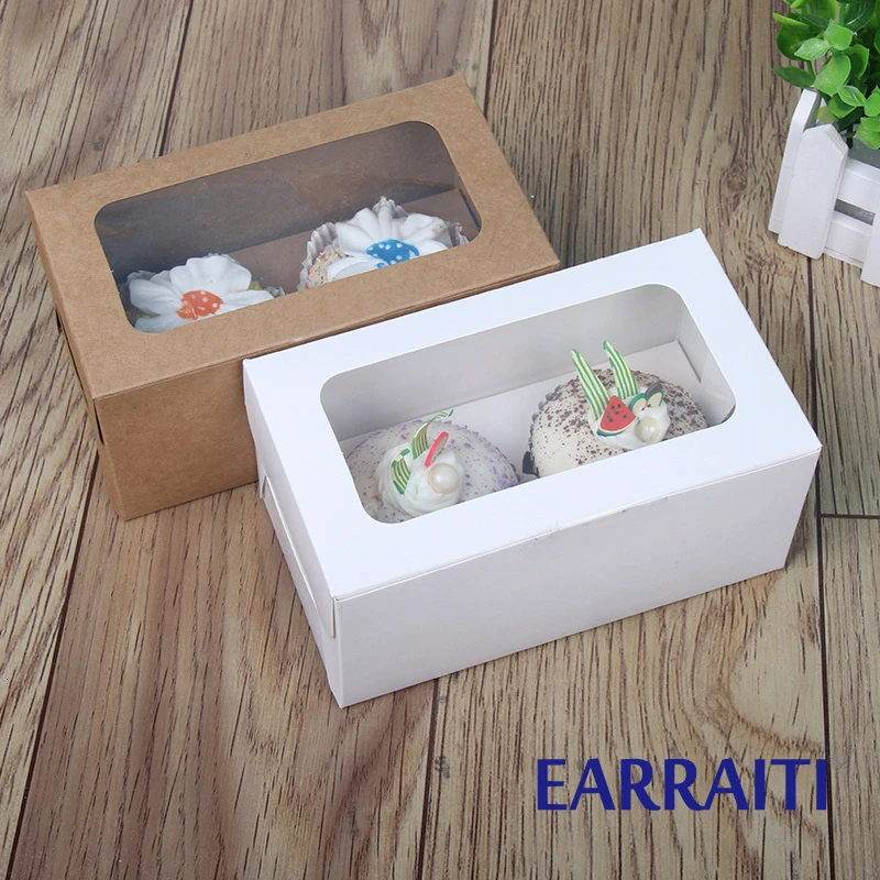 

50PCS Cupcake Box Wedding Party Favor Birthday White Kraft Paper Box With Window Paper Gift Box Packaging 2 Cup Cake Holder