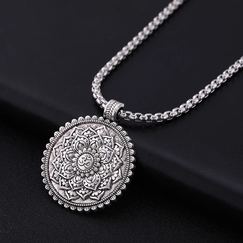 Skyrim Flower of Life Indian Om Yoga Chakra Pendant Necklace Men Vintage Mandala Amulet Stainless Steel Chain Necklaces Jewelry