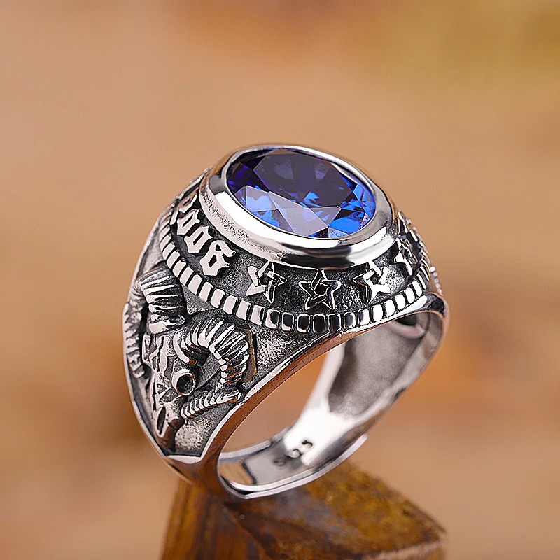 100%925 Silver Blue and red Zircon Men Ring Vintage Stone Punk Rock Gold Sheep Head Thai Handmade Women Rings Sterling Silver Je