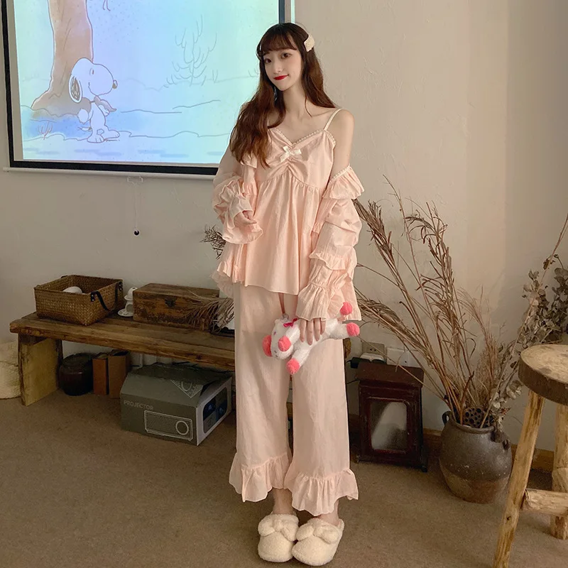 

Three-piece pajamas autumn fairy trumpet sleeve yukata sweet hanging wide loose nightgowns home service female new arrival