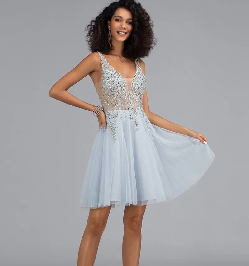 Sexy Cocktail Party Dress 2021 A-lijn V-hals Tulle Kralen Gradutation Homecoming Gown Robe De Soriee Vestidos