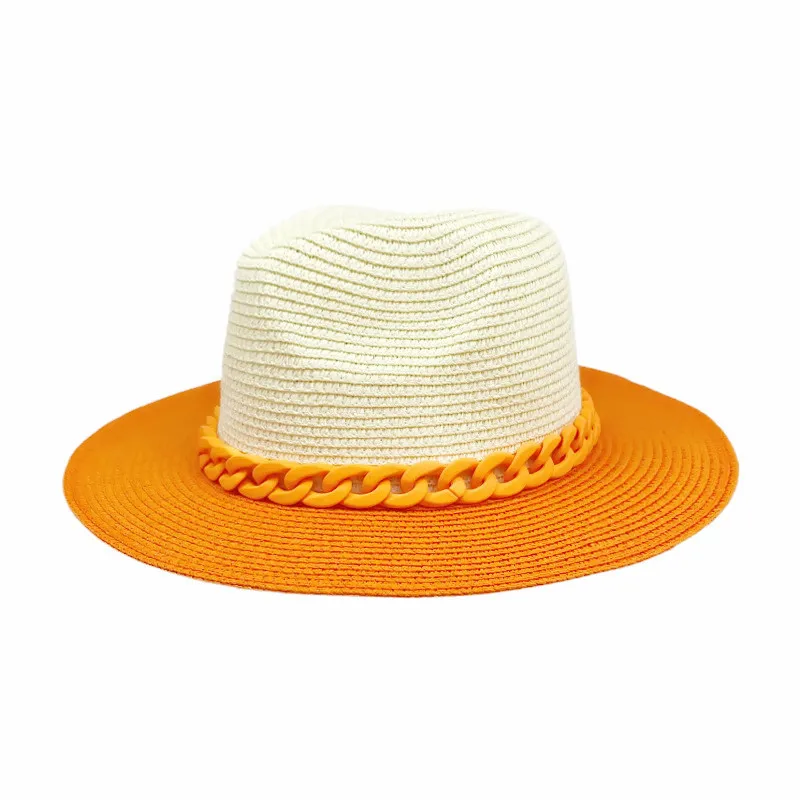 Sombrero de playa clásico de paja de retales naranja para hombre, de ala ancha Sombrero de Panamá, tapa de protección UV, verano, 2021