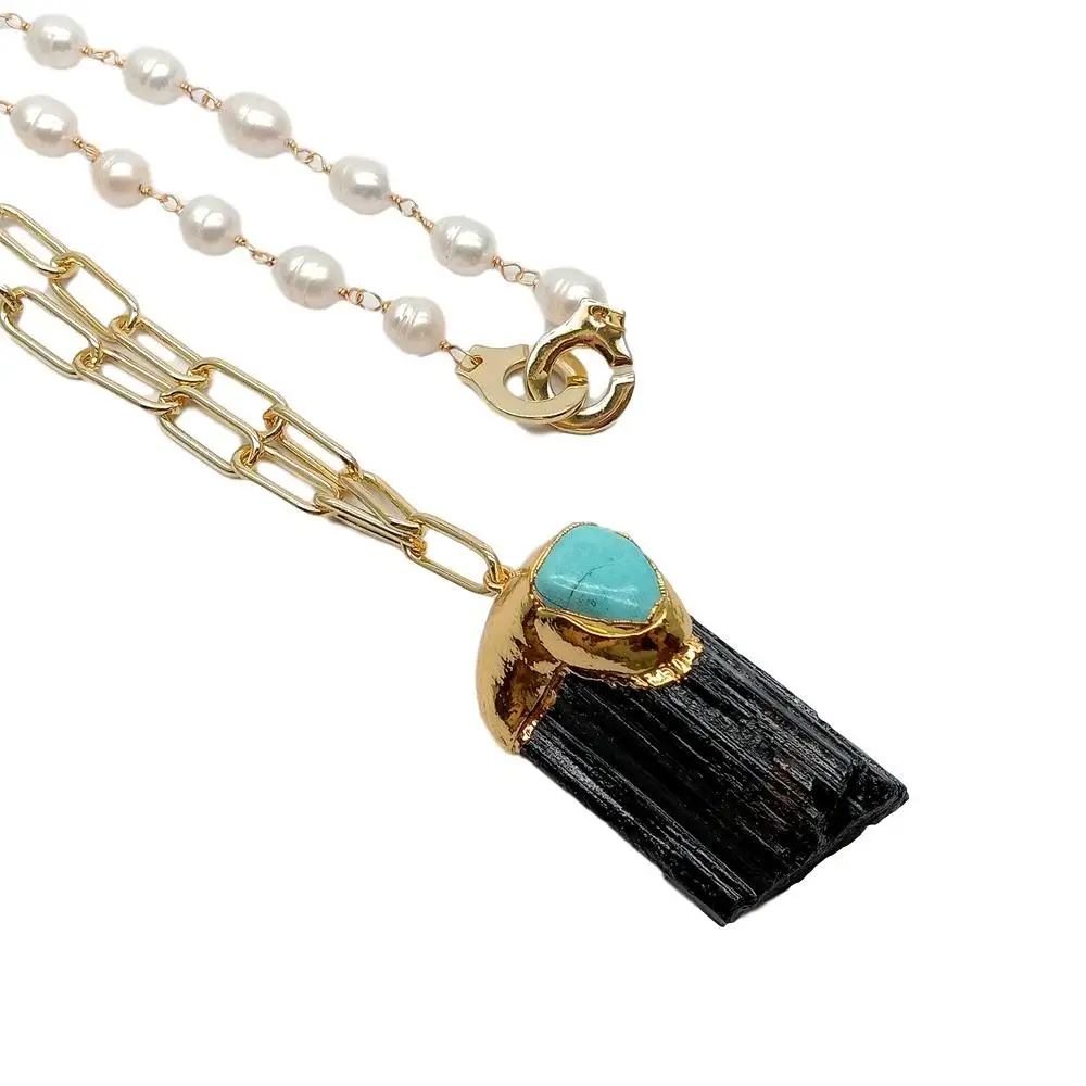 YYGEM Freshwater White Rice Freshwater Pearl Gold Filled Chain Natural Black Tourmaline Rough Pendant Necklace 18" #5