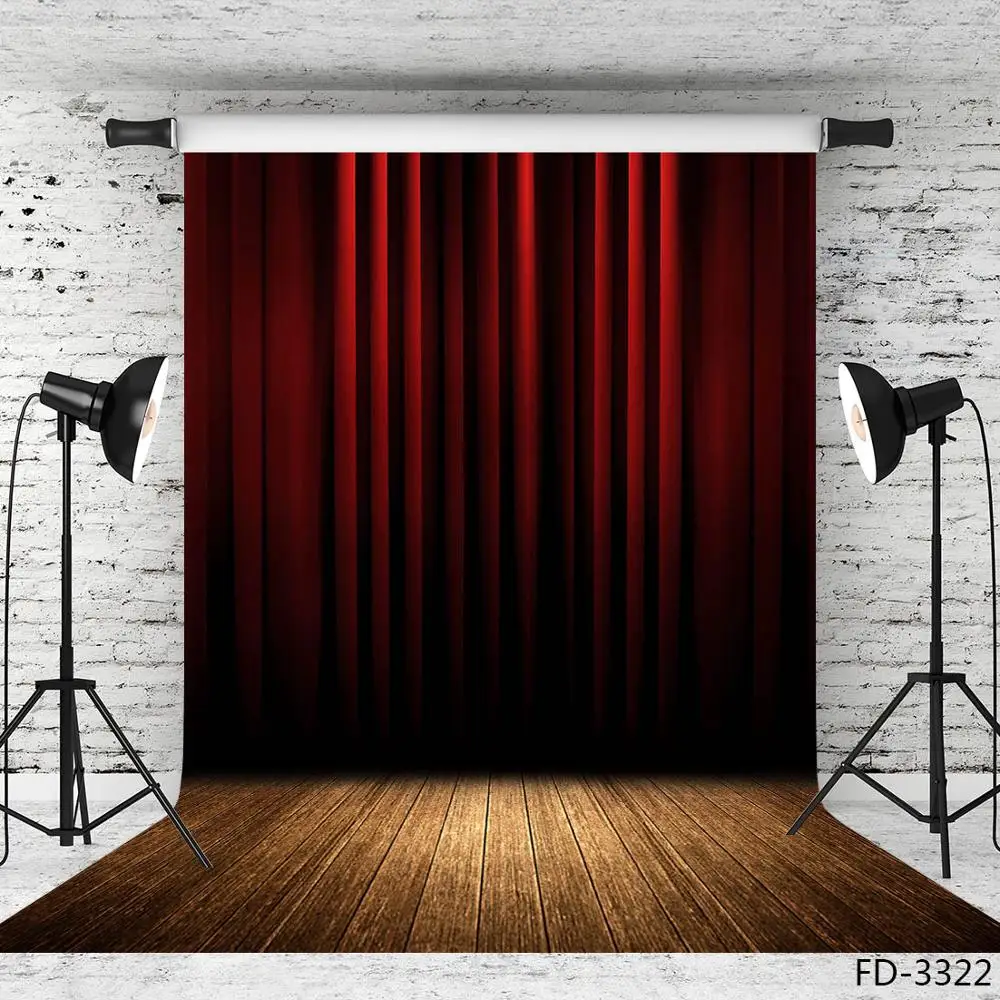 Dark Red Curtains Wooden Floor Photography Backdrops Stage Photo Background Drama Decor Photocall Photo Studio for Children Show