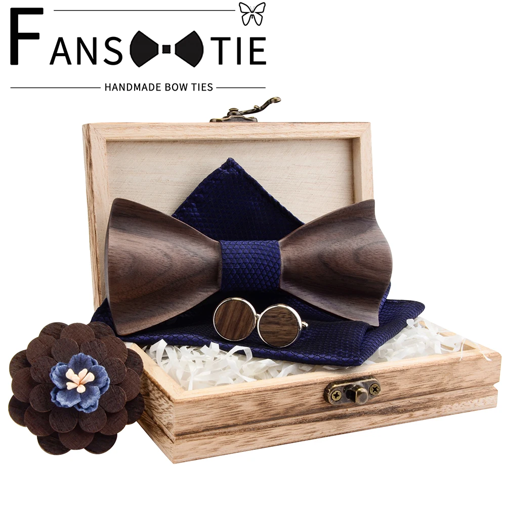 2020s Adjustable Walnut 3D Wooden Bow Tie For Men Pocket Square Cufflinks Brooch Set And Wood Box Suit Wedding Novelty Neck Ties