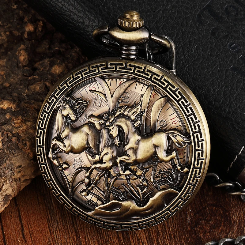 Carving Running Horse Mechanical Pocket Watch Chains Pendant Hollow Skeleton Fob Watches Steampunk for Men Women Gift Reloj Top