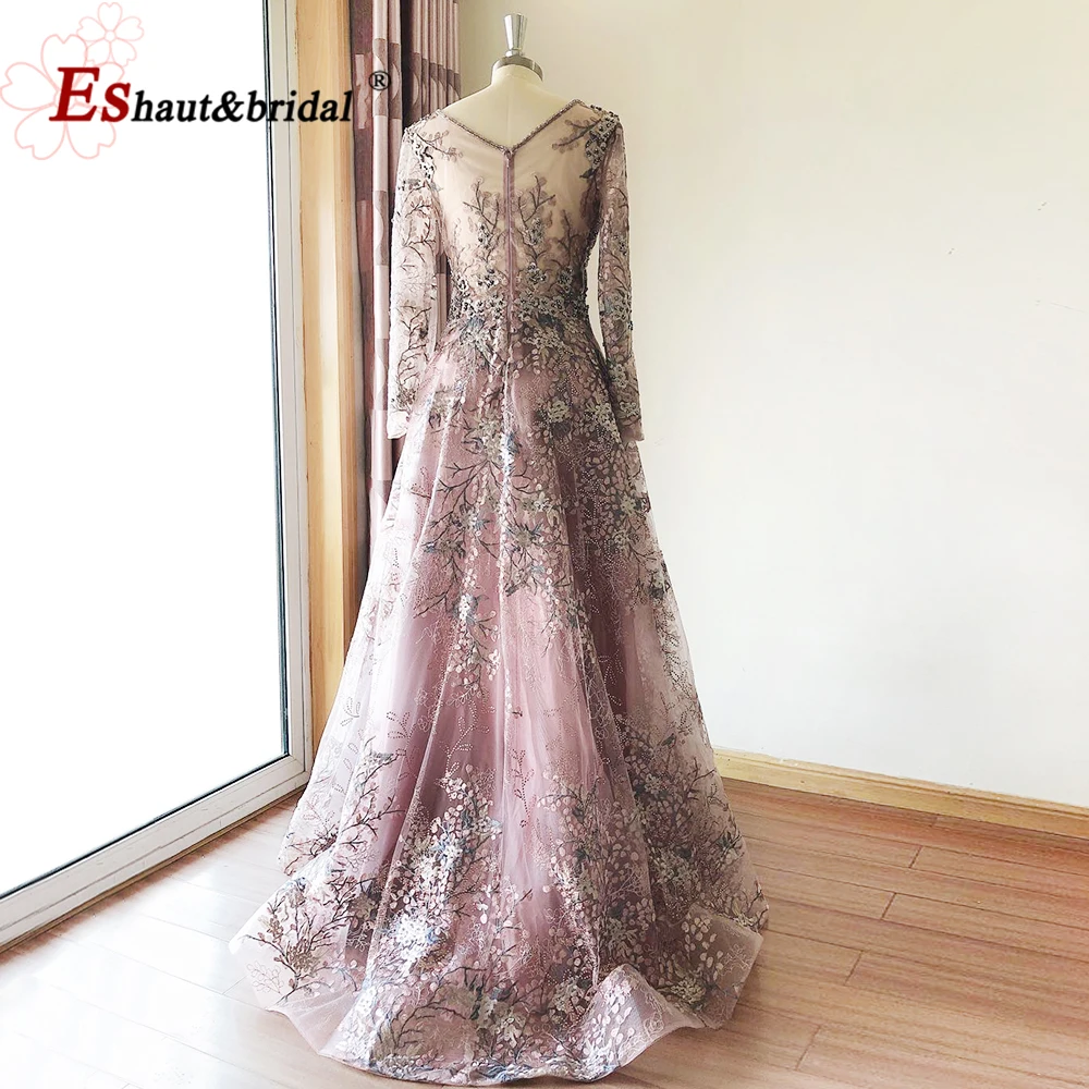 Vestidos de Noche árabes elegantes de manga larga para mujer 2024 Aline cuello en V encaje de cristal vestidos formales de fiesta de graduación y