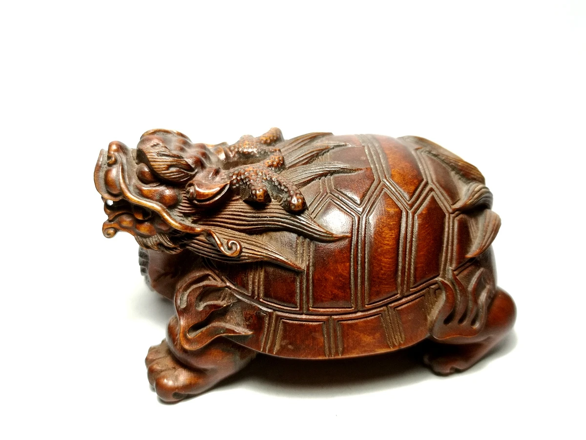 

YIZHU CULTUER ART Collectable Old China Boxwood Hand Carved Loong Dragon Turtle Figure Statue Family Ornament Gift