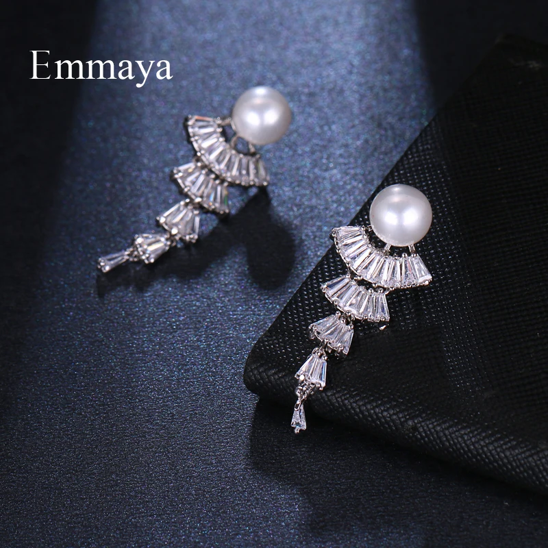 EMMAYA 2019 Luxury Zircon Long Earrings Fan Shape Gradual Change Crystal Cubic Zircon For Women Girls Fashion Jewelry Gift