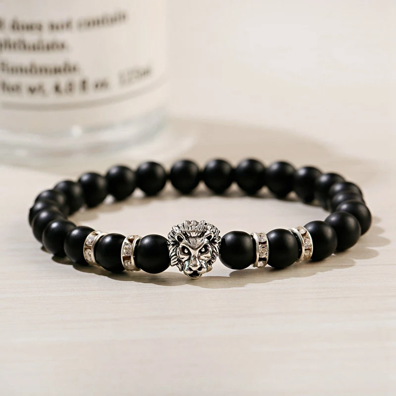 Classic Lion Bracelet Men Fashion Black Matte Stone Handmade Beaded Charm Bracelet Men Jewelry Pulsera Hombre