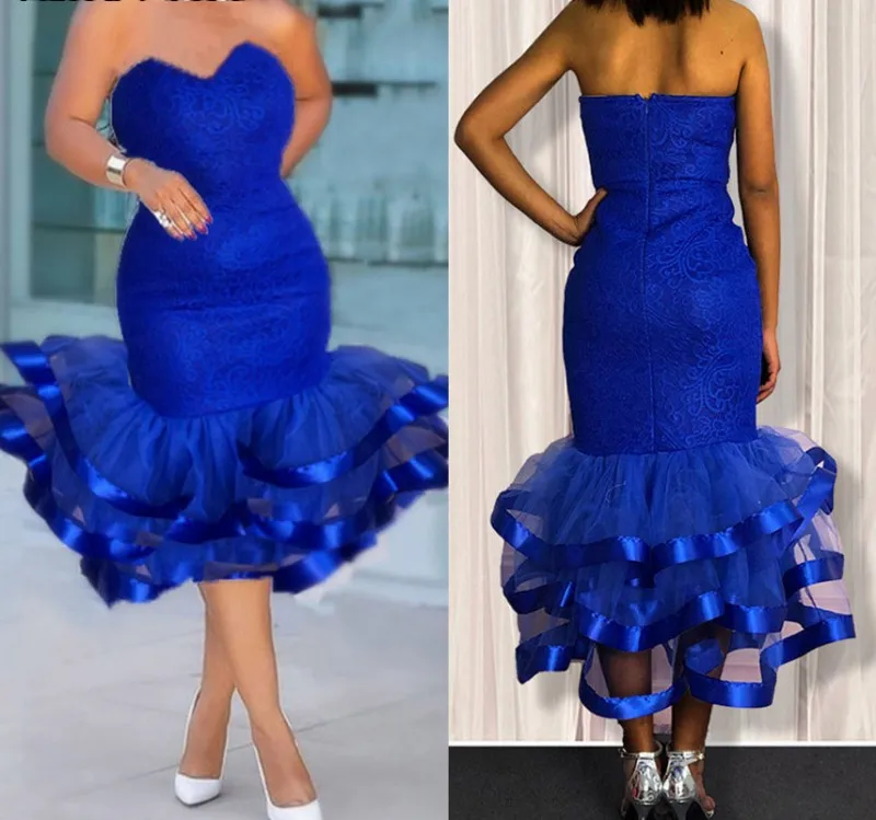 2021 abiti da ballo corti in pizzo blu Royal Sexy Plus Size lunghezza tè Sweetheart laurea increspature abiti da festa Robe De Soriee