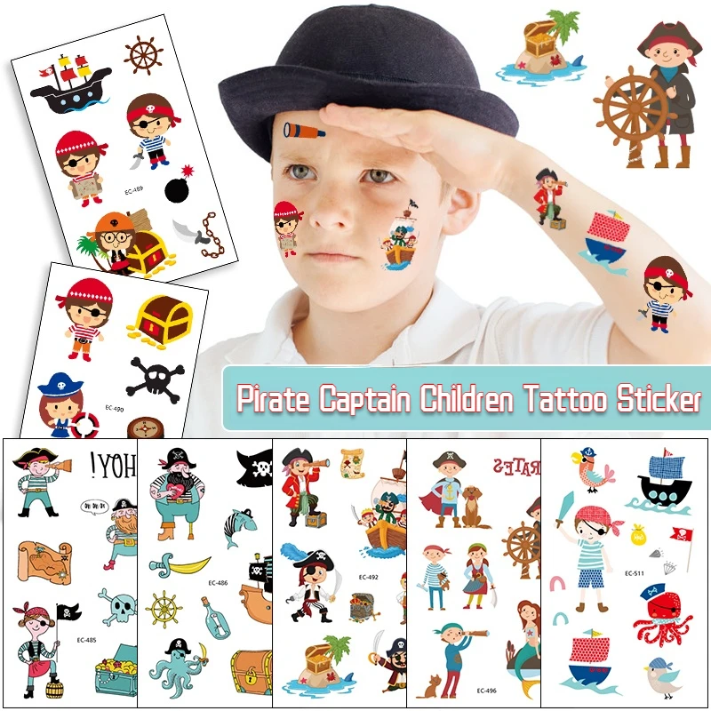 

New Pirate Captain Waterproof Tattoo Stickers Treasure Hunt Funny Cartoon Children Tattoo Stickers Disposable Temporary Tattoos