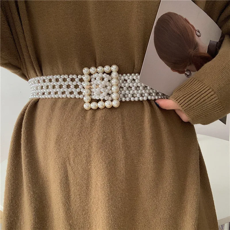 Pista da donna Moda Perla lavorata a maglia Fascia elastica Abito femminile Corsetti Cintura Cinture Decorazione Cintura larga R1080