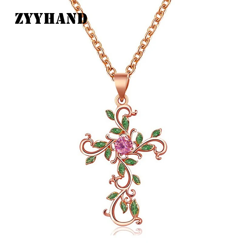 Women Rose-Gold Color Cross Necklace Lady Ribbon Zircon Cloisonne Drop Oil Chain Cirrus Jewelry