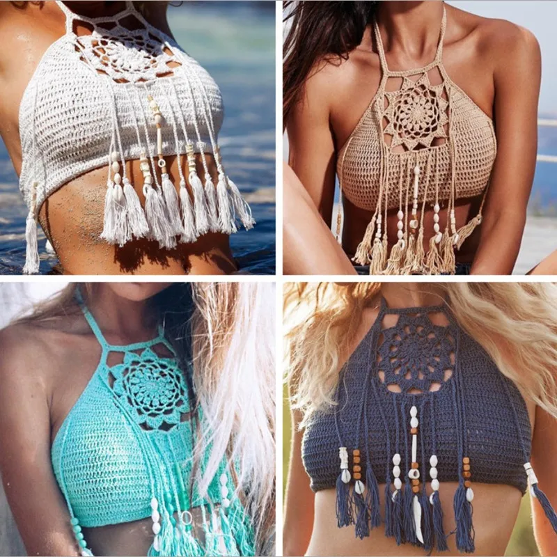 Hand Made Sexy Tassel Bikini Tops Boho Beach Swimwear Crochet Fringe Bikini Bras Halter Sport Yoga Camisole Tanks Swimsuit