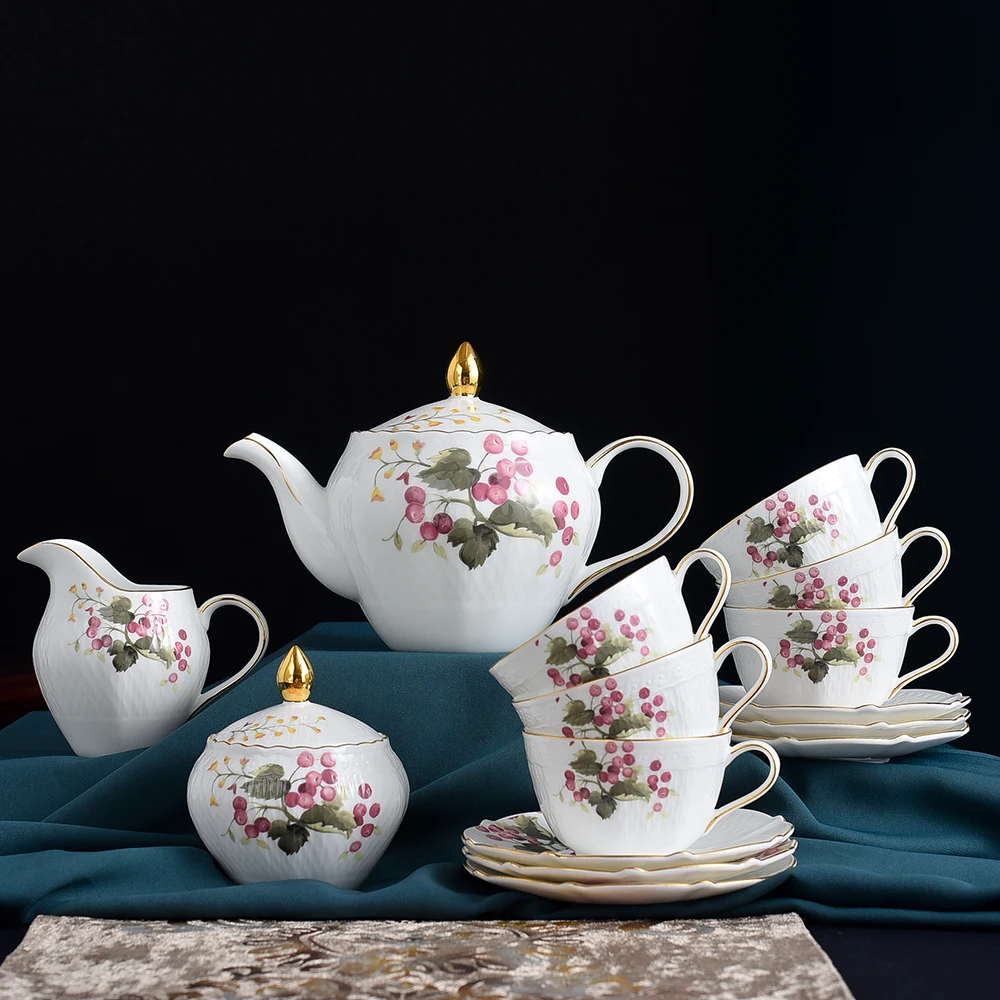 English Style 15 Pcs Gold Rim Relief  Ceramics Pink Colour Cherry Coffee Sets with Teapot and Cup Set