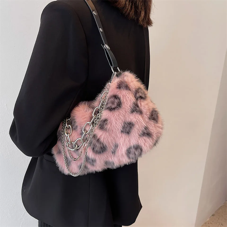 2021 Winter Leopard Plush Women Shoulder Bag Fashion Autumn Soft Faux Fur Handbag Baquette Ladies Crossbody Bags Bolso de Otono