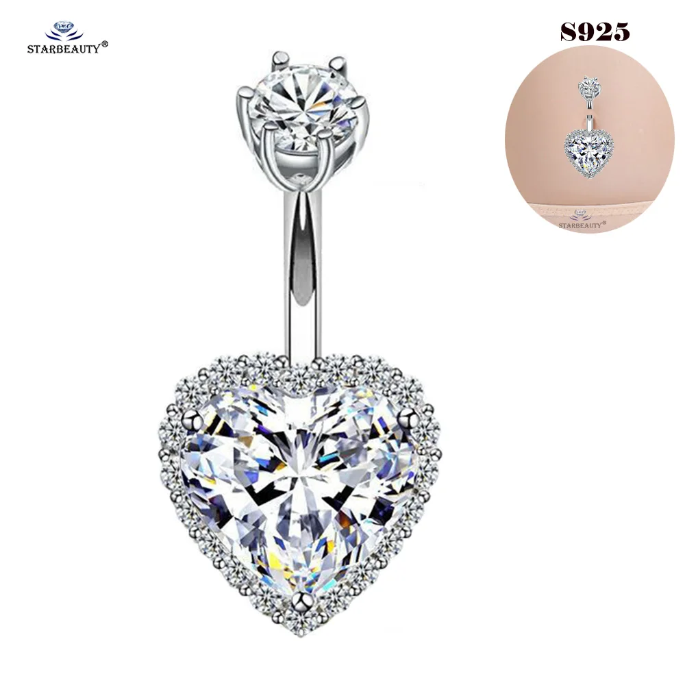 Starbeauty 1 Piece 925 Sterling Silver Big Crystal Heart Navel Piercing Belly Button Rings 1.6x6/8/10mm 14G