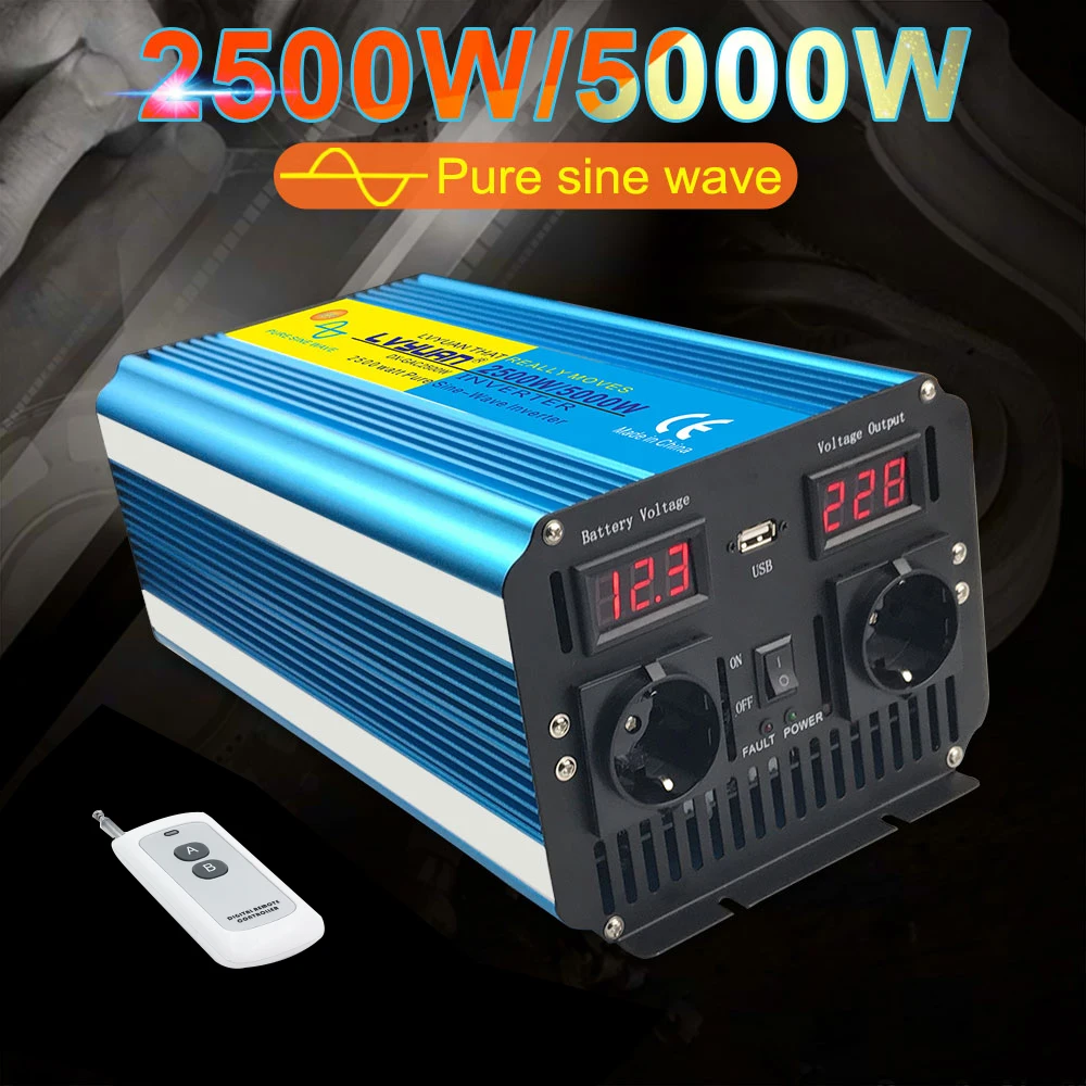 5000W Peak Pure Sine Wave Inverter DC12V to AC 220V 230V 240V Voltage Converter Wireless Remote Control EU/UK/Universal Socket