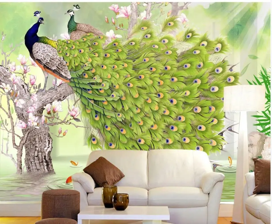 modern wallpaper for living room Chinese painting green peacock rich flowers and birds peacock wallpapers