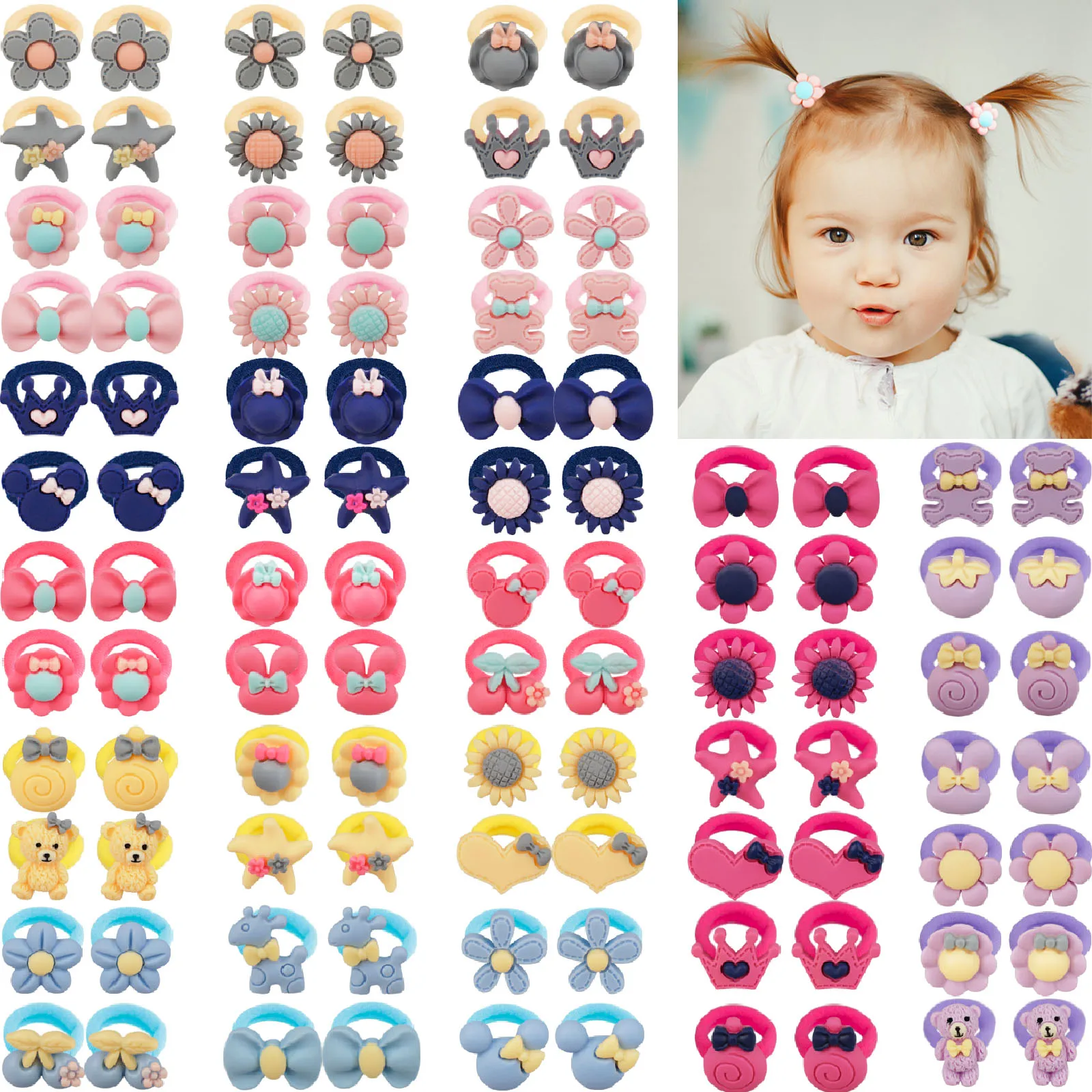 24PCS Girl Hair Rubber Bands Kawai Ties Flower Animal Star Shape Hair Accessories Cartoon Elastic Ropes Children Ponytail Holder