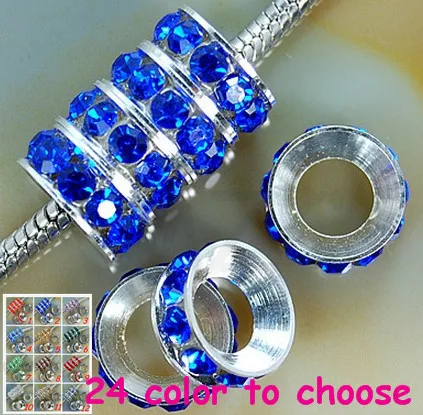 

nvr43 10mm Blue DIE Rhinestone Crystal Rondelle Spacer Beads,Rhodium Plated Big Hole European Beads