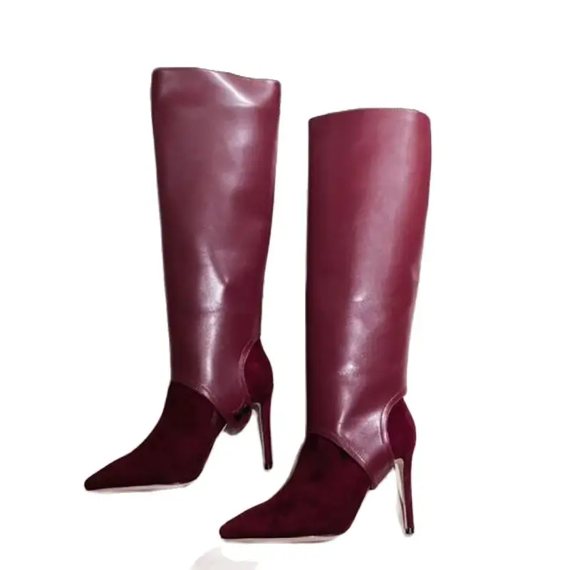 Versatile Knee High Ladies Boots Suede Upper Material Leather Shaft Removable Solid Spring Shoes Burgundy Blue Custom Made