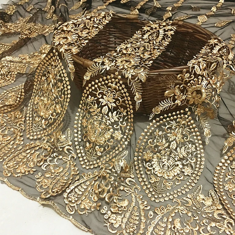 New Gold Thread Embroidery Mesh Lace Fabric French African Lace For Wedding Dress Designer Fabric