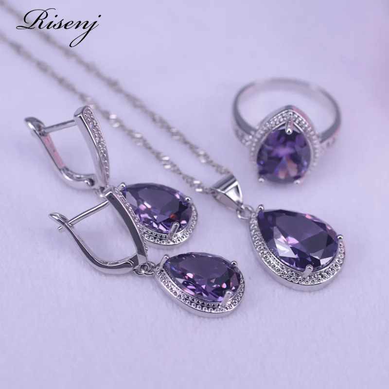 Many Colors Purple Crystal Silver Color Jewelry Big Water Drop Square Bridal Jewelry Earrings Necklace Ring Set