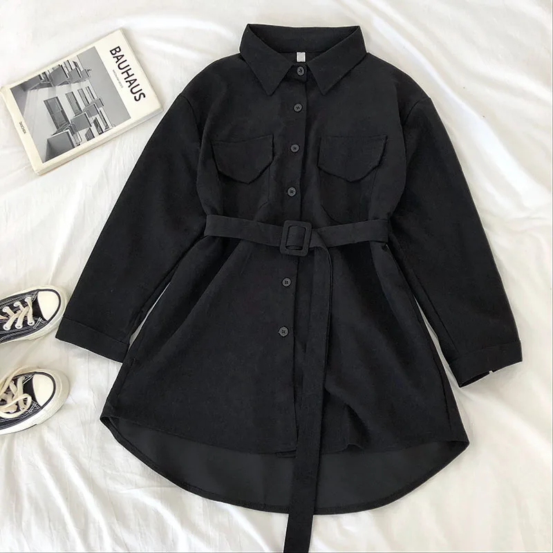 Corduroy Long Sleeve Dress Women Solid Buttons Pockets Turn-down Collar Simple Elegant Sashes All-match Womens Vintage Harajuku