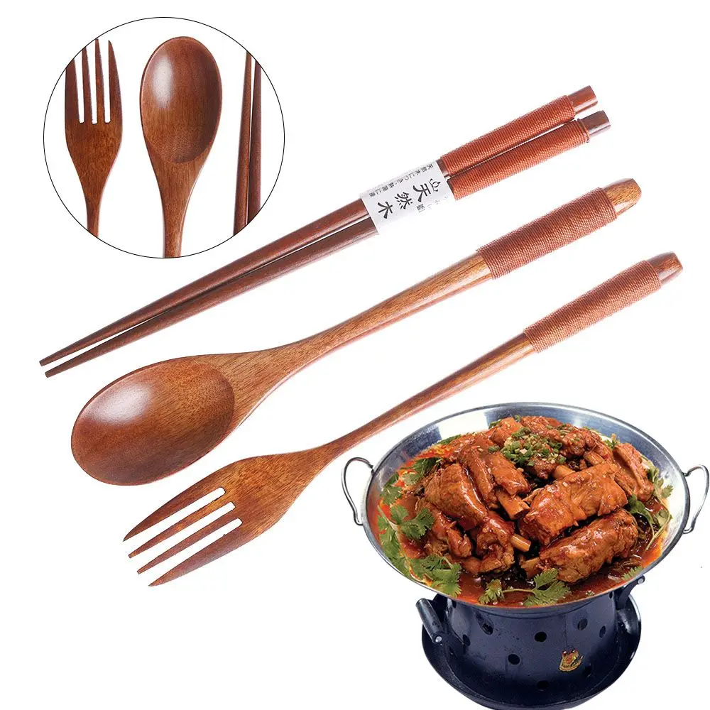 Japanese Style Cutlery Set Portable Wooden Natural Cloth Bag Spoon Fork Chopsticks