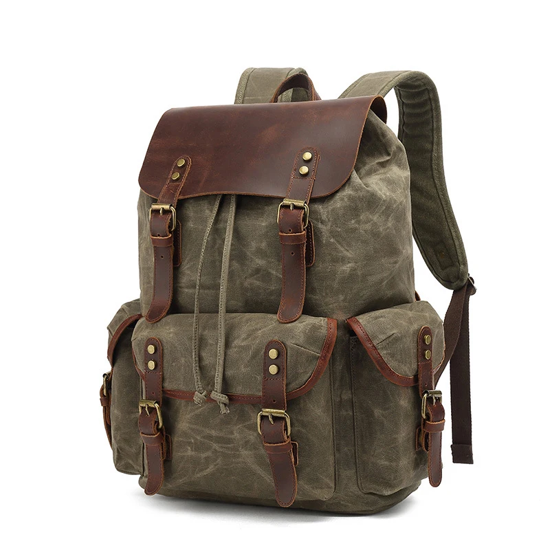 Casual Oil Wax Canvas Backpacks Vintage Waterproof Large Capacity Travel Bag Women Mochila Leather Laptop Drawstring Rucksack