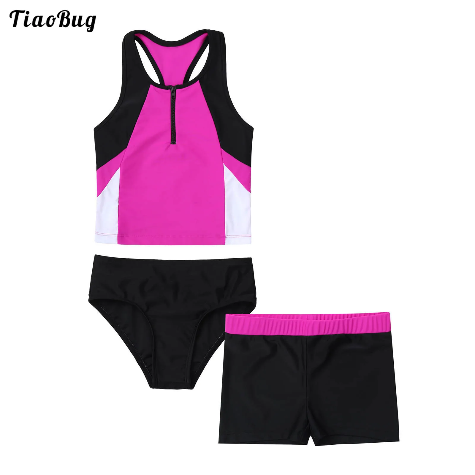 

TiaoBug Fashion Summer 3Pcs Kids Girls Swimwear Round Neck Sleeveless Front Zipper Racer Back Tops With Briefs Boy Shorts Sets