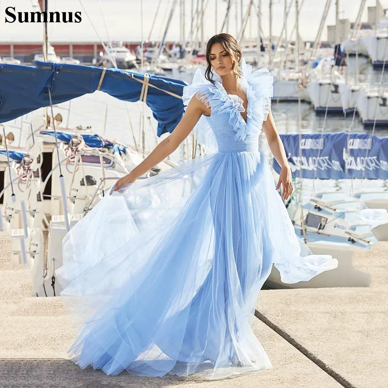 Sumnus Sky Blue Boho Wedding Dresses Deep V Neck Ruffles A Line Bridal Dress Backless Custom Made Wedding Party Gowns