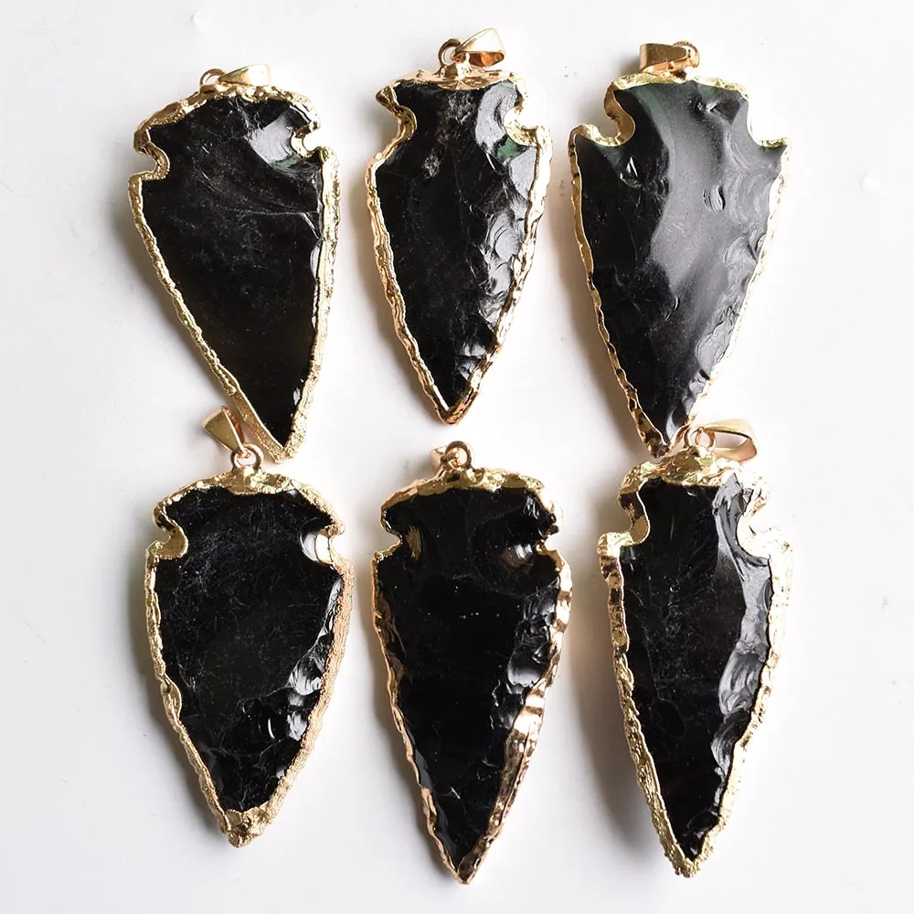 Fashion black Obsidian stones Arrowhead Rough Healing Point Natural Stone pillar Pendants for Charm Necklace accessories 6pcs