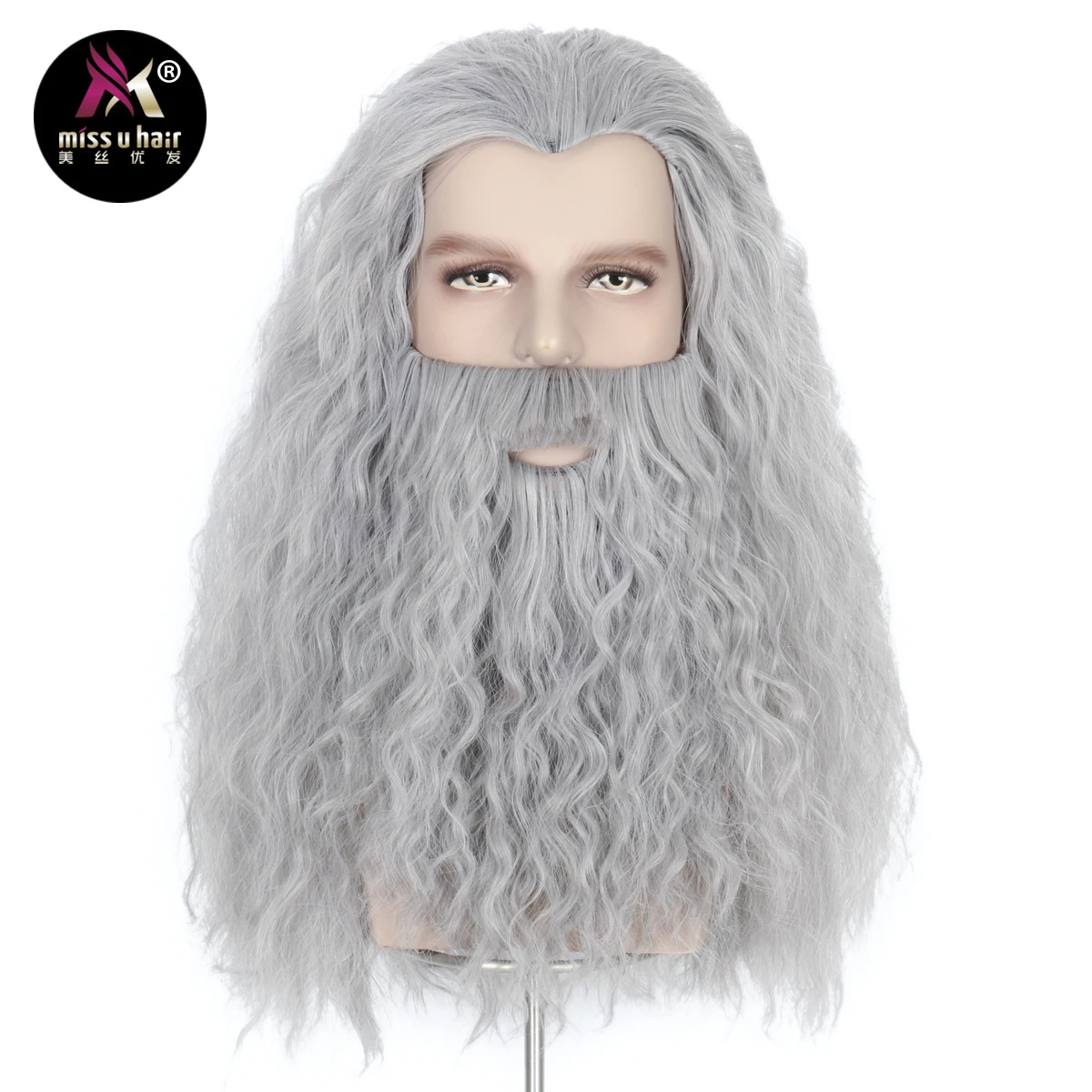 Miss U Hair Mens Wizard Wigs and Beard Long Gray White Curly for Cosplay Halloween Costume